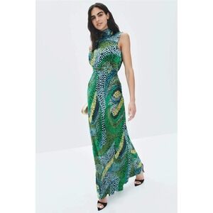 Saloni Green Blue Abstract Dot Print Sleeveless High Neck Maxi Dress US 12